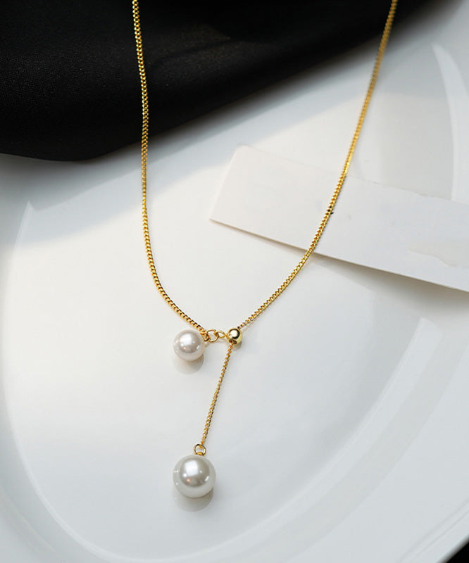 Stylish Gold Sterling Silver Overgild Pearl Retractable Pendant Necklace