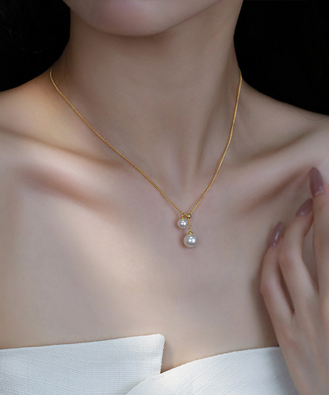Stylish Gold Sterling Silver Overgild Pearl Retractable Pendant Necklace