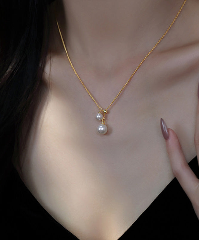 Stylish Gold Sterling Silver Overgild Pearl Retractable Pendant Necklace