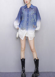 Stylish Gradient Blue Embroidered Button Shirt Fall