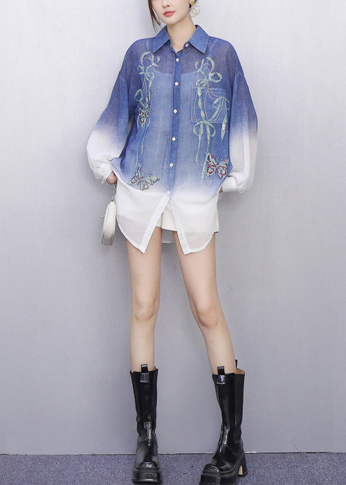 Stylish Gradient Blue Embroidered Button Shirt Fall