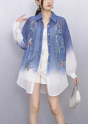 Stylish Gradient Blue Embroidered Button Shirt Fall
