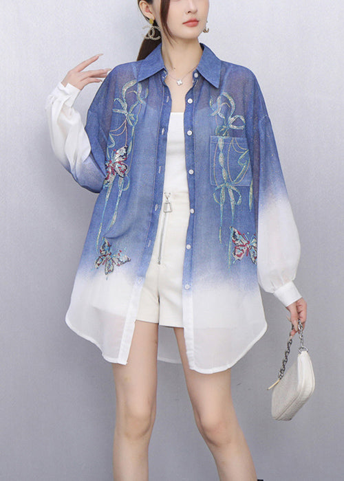 Stylish Gradient Blue Embroidered Button Shirt Fall