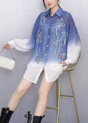 Stylish Gradient Blue Embroidered Button Shirt Fall