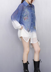 Stylish Gradient Blue Embroidered Button Shirt Fall
