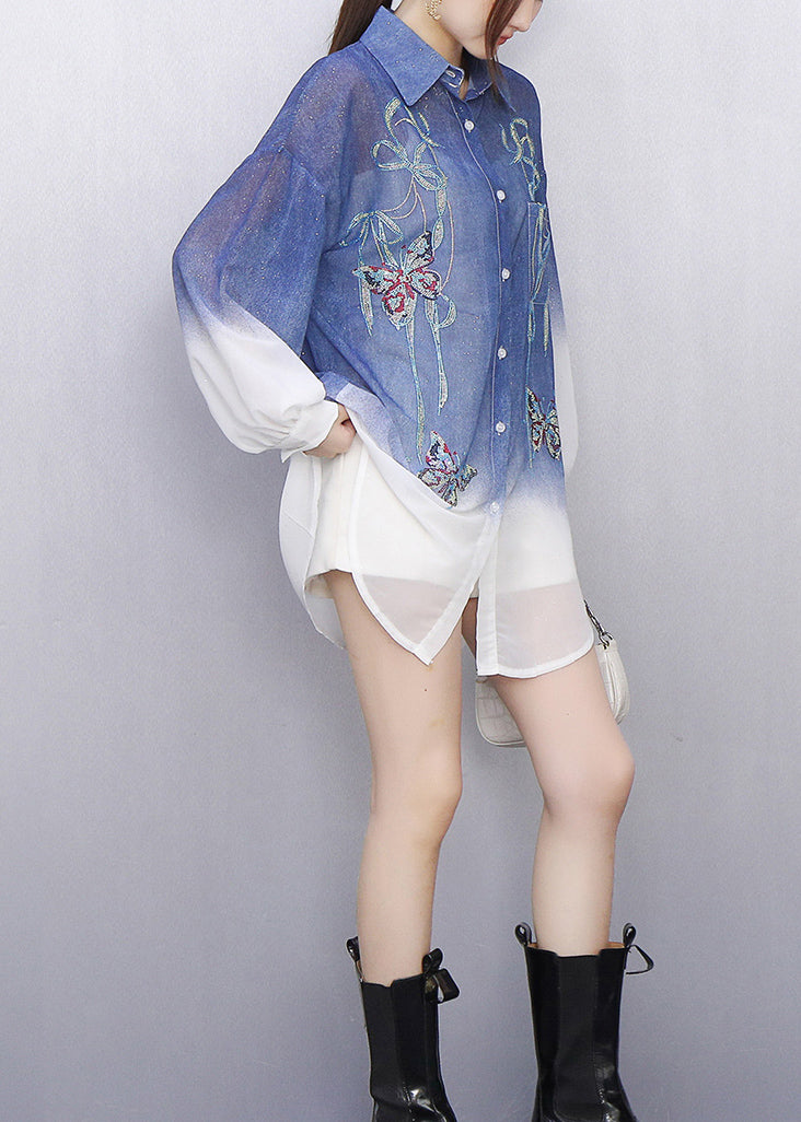 Stylish Gradient Blue Embroidered Button Shirt Fall