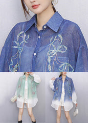 Stylish Gradient Blue Embroidered Button Shirt Fall