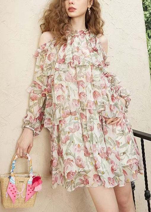 Stylish Green Cold Shoulder Print Chiffon Mid Dress Fall
