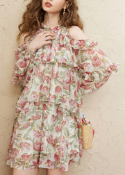 Stylish Green Cold Shoulder Print Chiffon Mid Dress Fall