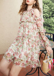 Stylish Green Cold Shoulder Print Chiffon Mid Dress Fall