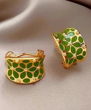 Stylish Green Copper C-Shaped Floral Hoop Earrings