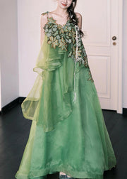 Stylish Green Embroidered Patchwork Silk Cotton Spaghetti Strap Dress Sleeveless