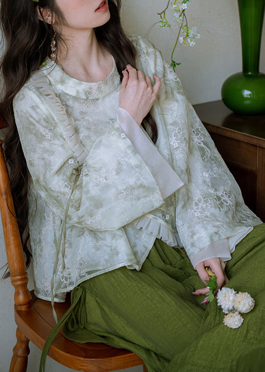 Stylish Green Embroidered Ruffled Lace Up Cotton Blouses Fall