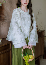 Stylish Green Embroidered Ruffled Lace Up Cotton Blouses Fall