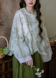 Stylish Green Embroidered Ruffled Lace Up Cotton Blouses Fall