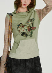 Stylish Green Hooded Patchwork Cotton Sweatshirts Top Spring