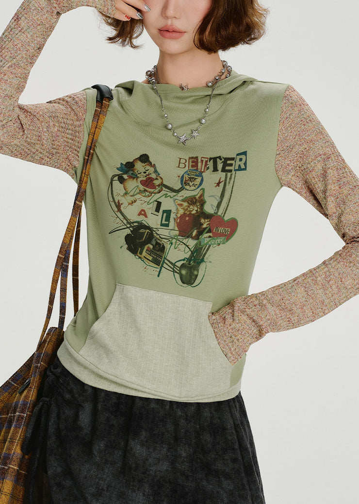 Stylish Green Hooded Patchwork Cotton Sweatshirts Top Spring