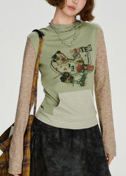 Stylish Green Hooded Patchwork Cotton Sweatshirts Top Spring