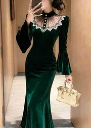 Stylish Green Lace Patchwork Silk Velvet Long Dress Flare Sleeve