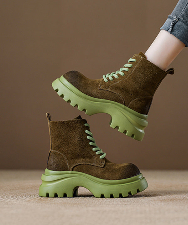 Stylish Green Lace Up Splicing Suede Platform Boots