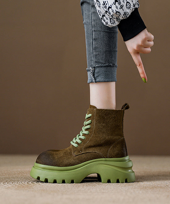 Stylish Green Lace Up Splicing Suede Platform Boots