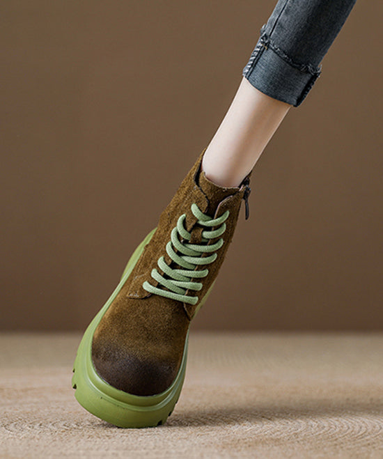 Stylish Green Lace Up Splicing Suede Platform Boots