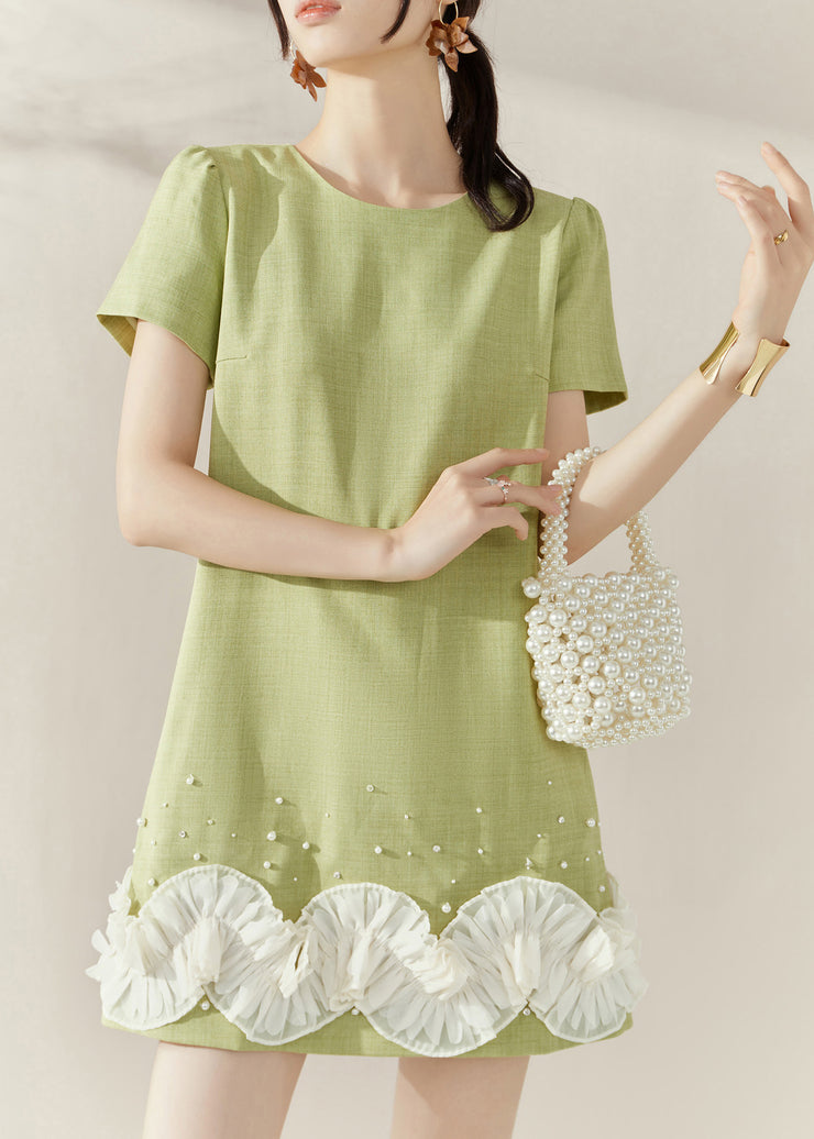Stylish Green O-Neck Floral Mid Dresses Short Sleeve