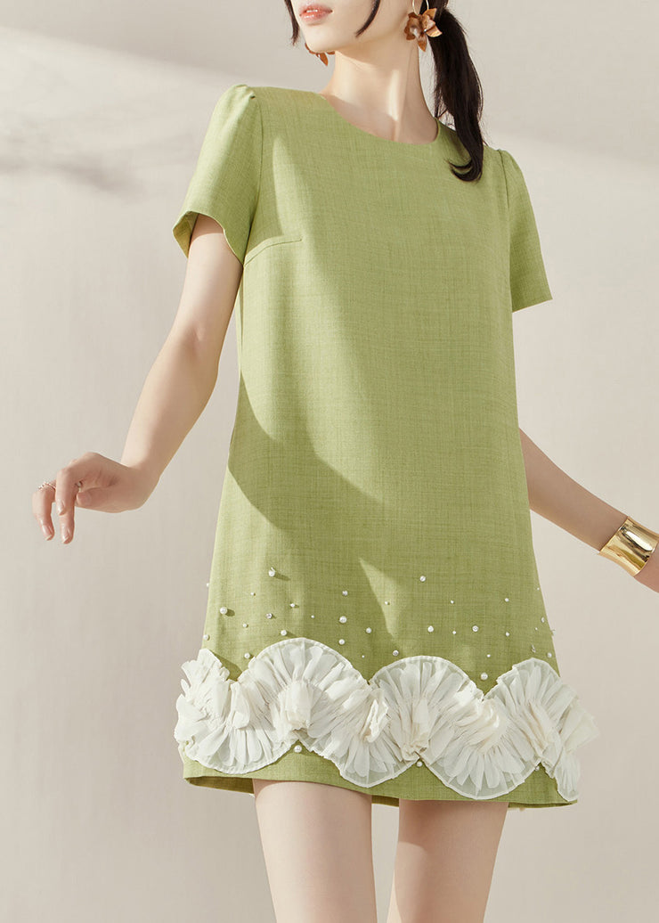 Stylish Green O-Neck Floral Mid Dresses Short Sleeve
