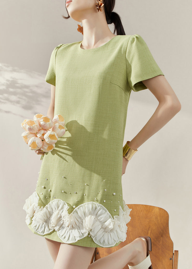 Stylish Green O-Neck Floral Mid Dresses Short Sleeve