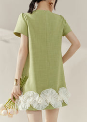 Stylish Green O-Neck Floral Mid Dresses Short Sleeve