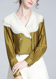 Stylish Green Peter Pan Collar Button Silk Linen Shirts Long Sleeve