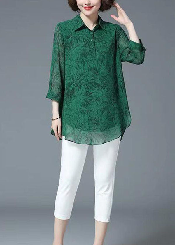 Stylish Green Peter Pan Collar Patchwork Chiffon Shirt Tops Bracelet Sleeve