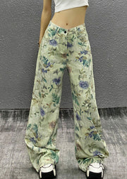 Stylish Green Print High Waist Denim Pants Summer