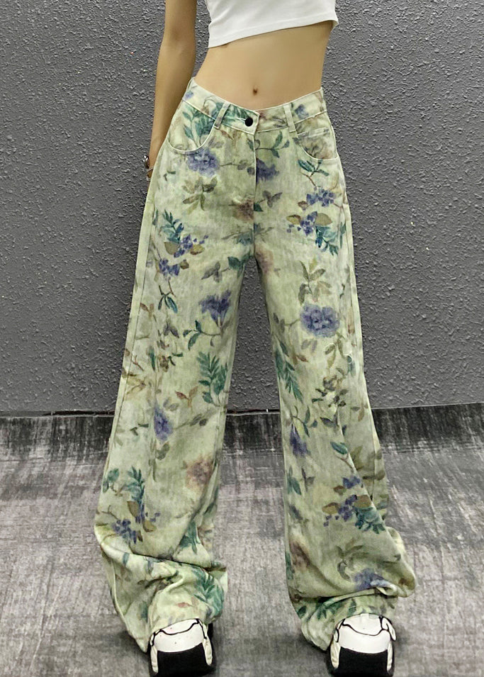 Stylish Green Print High Waist Denim Pants Summer