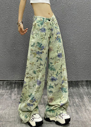 Stylish Green Print High Waist Denim Pants Summer