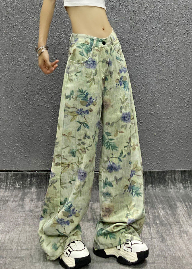 Stylish Green Print High Waist Denim Pants Summer