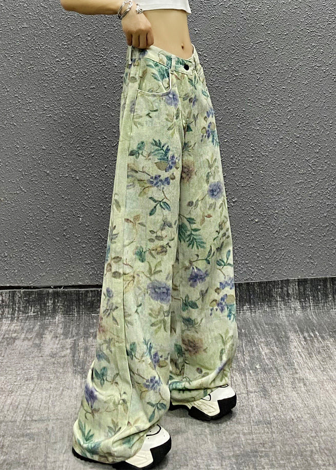 Stylish Green Print High Waist Denim Pants Summer