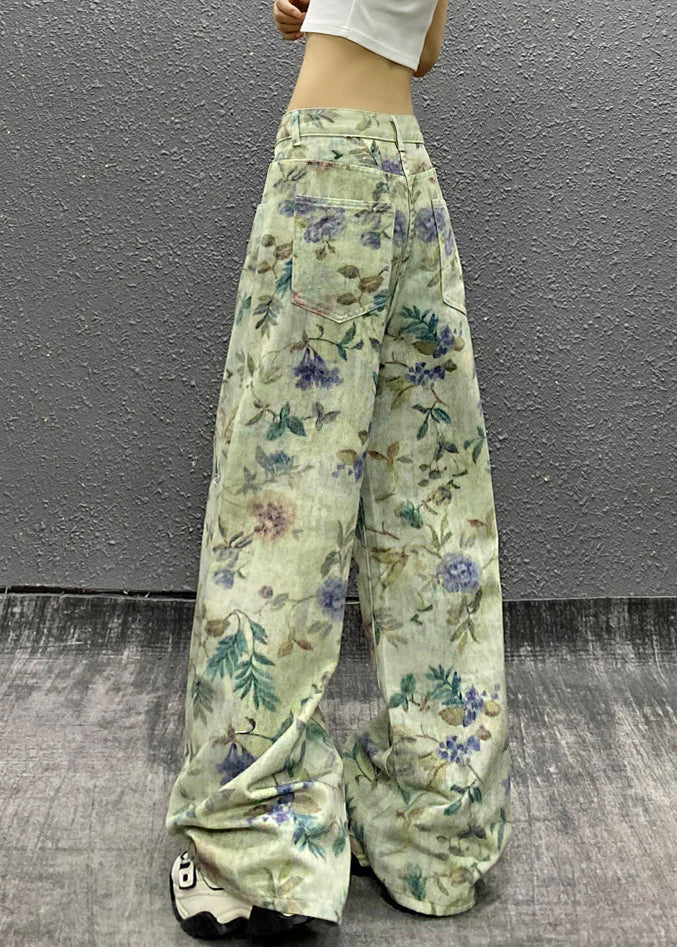 Stylish Green Print High Waist Denim Pants Summer