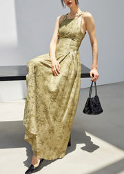 Stylish Green Print Lace Up Linen Spaghetti Strap Dress Sleeveless