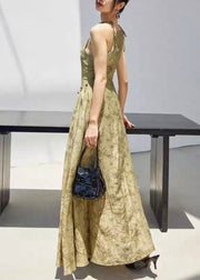 Stylish Green Print Lace Up Linen Spaghetti Strap Dress Sleeveless