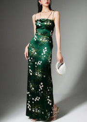 Stylish Green Print Side Open Silk Spaghetti Strap Dress Sleeveless