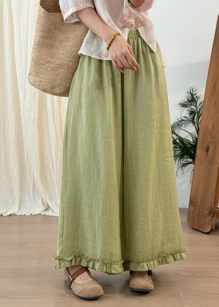 Stylish Green Ruffled Linen Wide Leg Pants Summer