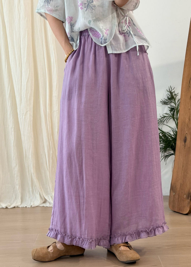 Stylish Green Ruffled Linen Wide Leg Pants Summer