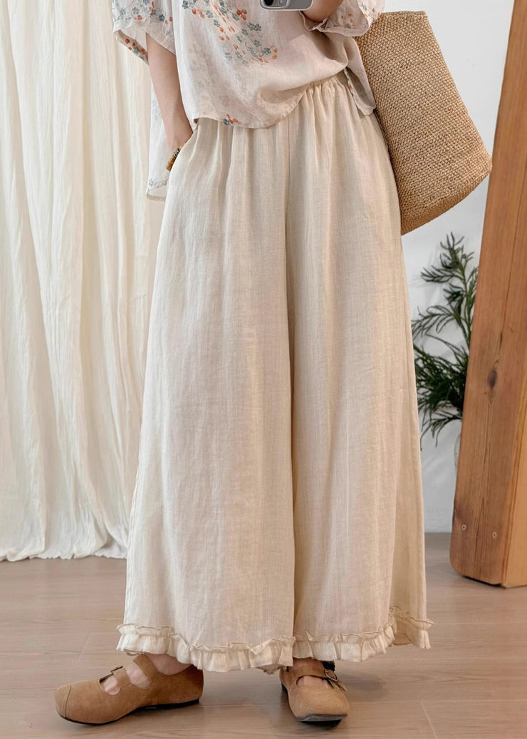 Stylish Green Ruffled Linen Wide Leg Pants Summer