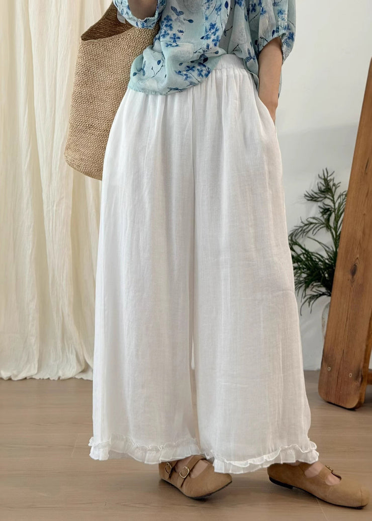 Stylish Green Ruffled Linen Wide Leg Pants Summer