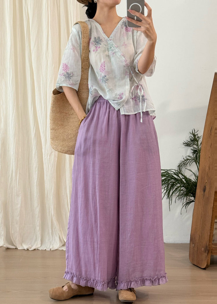 Stylish Green Ruffled Linen Wide Leg Pants Summer
