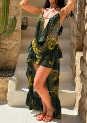 Stylish Green Ruffled Tie Dye Low High Design Tulle Summer Dress Summer