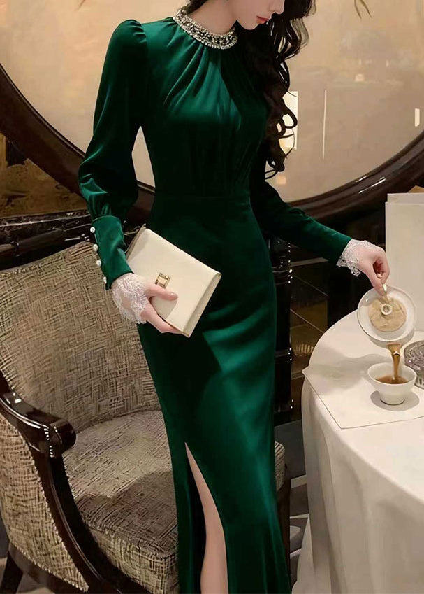 Stylish Green Side Open Slim Fit Silk Velvet Long Dress Winter