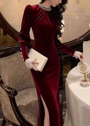 Stylish Green Side Open Slim Fit Silk Velvet Long Dress Winter