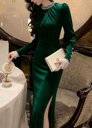Stylish Green Side Open Slim Fit Silk Velvet Long Dress Winter